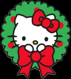 a hello kitty christmas wreath with a bow on it's head and the words hello kitty