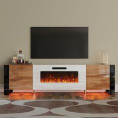 an entertainment center with a television and fire place in the middle, on top of a carpeted floor