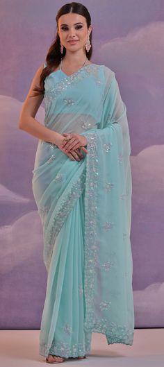 Festive, Reception Blue color Georgette fabric Saree : 1951164 Blue Color Saree, Festive Saree, Reception Saree, Kurta Pajama Men, Kaftan Tops, Bollywood Bridal, Wedding Sherwani, Lehenga Style, Sequence Work