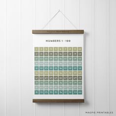 a poster hanging on the wall next to a wooden frame with numbers 1 - 100