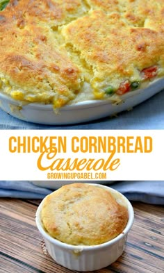 chicken cornbread casserole in a white dish