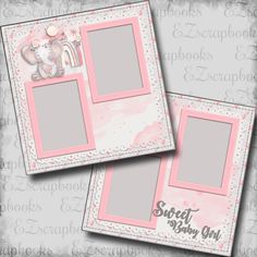 two pink and gray frames with an elephant on them, one is for a baby girl