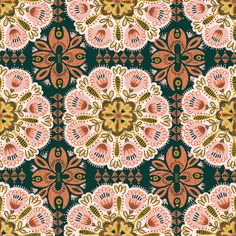 an abstract floral design in green, pink and orange colors on a black background fabric