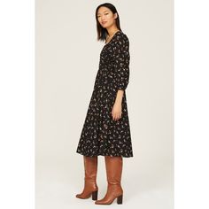 Black floral cotton plain weave (100% Cotton). Lining (100% Cotton). A-line. Long sleeves. Square neck. Side zipper closure. 39" from shoulder to hemline. Imported. Cotton Midi Dress With Floral Print For Work, Chic Knee-length Ditsy Floral Print Dress, Fall Midi Dress With Ditsy Floral Print, Fall Midi Length Ditsy Floral Print Dress, Fall Floral Print Cotton Dress, Fall Ditsy Floral Print Midi Dress, Fall Cotton Dress With Floral Print, Fall Cotton Floral Print Dress, Chic Ditsy Floral Print Dress For Fall