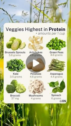 the veggies highest in protein is displayed on a screen with an image of broccoli and other vegetables