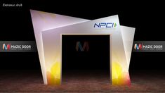 the entrance to an event with multiple colored lights on it's walls and doors