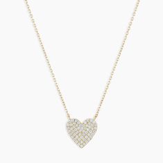 An array of dazzling pavé diamonds illuminates this 14k gold heart necklace. This is the perfect gift for Mom or for a loved one. Product Details 0.358 total carat weight Fifty-four 0.9mm and four 1 mm round GH SI1-SI3 diamonds 14k solid gold 15" chain + 2" extender. Adjustable in 1" increments 15" - 17" Pavé heart measures 10 mm by 10 mm Spring ring closure | Diamond Pavé Heart Necklace in Gold, Women's in 14k gold by Gorjana 14k Gold Heart Pendant Diamond Necklace For Anniversary, Luxury Diamond Pendant Necklace For Valentine's Day, Luxury Valentine's Day Diamond Pendant Necklace, Luxury Heart Cut Necklace With Pave Setting, Luxury Heart Cut Necklaces With Pave Setting, Heart Necklace With Single Cut Diamonds For Gift, Heart Necklace With Single Cut Diamonds As A Gift, Valentine's Day 14k Gold Diamond Necklace, 14k Gold Heart Pendant Diamond Necklace