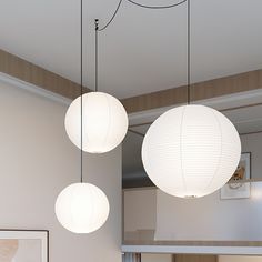 three lamps hanging from the ceiling in a room