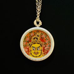 Jambhala-Yellow 黄财神 Silver Chain 银链 Thangka 唐卡 Necklace 项链 Yellow Round Jewelry For Puja, Traditional Medallion Necklace With Detachable Pendant, Traditional Yellow Chain Necklace For Gifts, Traditional Yellow Chain Necklace Gift, Silver Round Temple Necklace For Rituals, Ceremonial Silver Jewelry With Detachable Pendant, Yellow Temple Jewelry For Puja, Traditional Yellow Necklaces For Gifts, Traditional Yellow Necklace As Gift