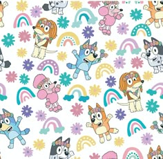 an image of cartoon animals with rainbows and flowers on a white background for wallpaper