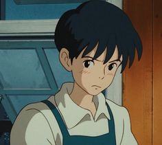 an anime character with black hair and blue eyes looking at the camera while standing in front of a door