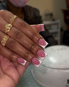 Short Nails Design French Tips, Bck 2 School Nails, Short Pink On Pink French Tip Nails, Cute Nail French Tip Designs, French Tip And Pink Nails, White Sets Nails, Nail Short French Tip, Nail Ideas With French Tip, Short Acrylics With Charms