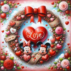 a painting of mickey and minnie mouses in a heart wreath with the word love on it