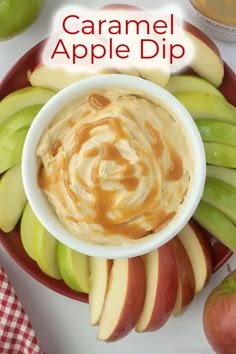 caramel apple dip in a bowl surrounded by sliced apples