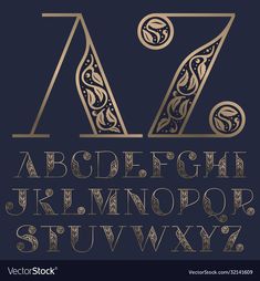 an old fashioned alphabet in gold on a dark background with the letter and numbers below it