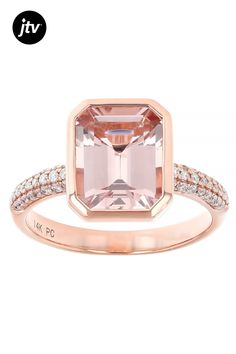 2.50ct Emerald Cut Peach Cor De Rosa��� Morganite With 0.20ctw Round White Diamond 14k Rose Gold Ring. Measures Approximately 0.80"L x 0.46"W. Peach Morganite, Yellow Pearl, Yellow Gemstones, Mixed Metal Jewelry, 14k Rose Gold Ring, Floral Jewellery, Cross Jewelry, Diamond Bracelets, Turquoise Gemstone