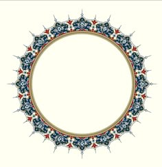 an ornate circular frame with red, white and blue designs