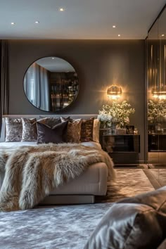 a bedroom with a large bed, mirror and lights on the wall in front of it