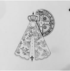 a black and white drawing of a clock with flowers on it