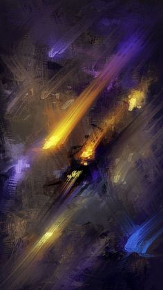 an abstract painting with blue, yellow and purple colors