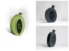 three different views of a green and black vase with the words ning on it