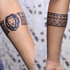 two tattoos on the arms of people that are both black and white, one with a lion