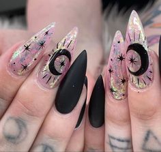 Mystical Nails Almond, Summer Witch Nails, Summer Witchy Nails, Pink Witchy Nails, Whimsical Nail Designs, Soft Goth Nails, Gothic Summer Nails, Goth Almond Nails, Summer Goth Nails