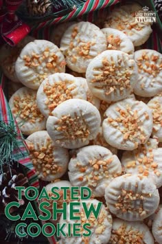 toasted cashew cookies in a basket with pine cones and candy canes on the side