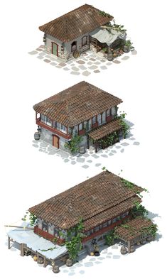 three different views of an old house with ivy growing on the roof