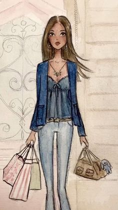 a drawing of a woman holding shopping bags