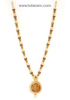 22 Karat Gold 'Lakshmi' Long Necklace with Cz ,Ruby , Emeralds & South Sea Pearls (Temple Jewellery)  - 235-GN4025 - in 38.900 Grams for USD $3262.44. 
Made in India by Totaram Jewelers Online this product is in Gold - 22 Karat BIS Hallmark 916 KDM Gold  & is an excellent gift for Adult - Women. Ships fully insured with secured guaranteed delivery for free with your order over $250 from New Jersey USA & comes with 30 days exchange policy. Luxury Gold Temple Necklace For Women, Luxury Gold Plated Temple Necklace, Luxury Yellow Gold Temple Jewelry Bridal Necklace, Luxury Gold Jeweled Temple Necklace, Luxury 22k Gold Temple Necklace With Stone Work, Luxury 22k Gold Temple Jewelry Emerald Necklace, Luxury Bohemian Gold Temple Necklace, Luxury Gold Temple Jewelry Beads, Luxury Women's Gemstone Temple Necklace