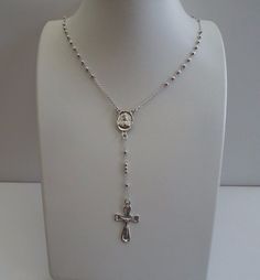 925 Sterling Silver Shiny Rosary Cross Necklace Bracelet W/ Round Shiny Beeds Silver Virgin Mary Necklace, Silver Rosary Necklace, Sterling Silver Cross Rosary In Silver, Silver Sterling Silver Cross Rosary, Nickel-free Silver Cross Rosary Bracelet, Elegant Silver Rosary Bracelet With Crucifix, Catholic Cross Necklace, Long Cross Necklace, Christian Cross Necklace