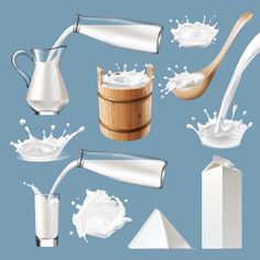 milk and milk jugs with splashing liquid on blue background, 3d rendering illustration