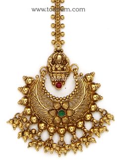 22 Karat Gold 'Lakshmi' Maang Tikka - Papidi Billa with Beads (Temple Jewellery) - 235-GT445 - in 10.900 Grams for USD $936.39. 
Made in India by Totaram Jewelers Online this product is in Gold - 22 Karat BIS Hallmark 916 KDM Gold  & is an excellent gift for Adult - Women. Ships fully insured with secured guaranteed delivery for free with your order over $250 from New Jersey USA & comes with 30 days exchange policy. Papidi Billa, Maang Tikka, Temple Jewellery, Gifts For Adults, 22k Gold, Statement Necklace, Beads, 10 Things, Gold