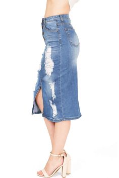 Denim Pencil Skirt, Midi Skirt Pencil, Denim Midi Skirt, High Rise Denim, Split Hem, S Models, Midi Length, Denim Skirt, High Waisted Skirt