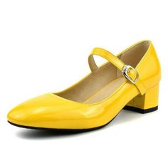 Spring Patent Leather Mary Janes With Flat Heel, Spring Patent Leather Mary Janes With Low Heel, Spring Patent Leather Mary Janes With Block Heel, Yellow Patent Leather Heels With Round Toe, Black And White Pumps, Mary Jane Shoes Black, Yellow Pumps, Mary Janes Shoes, Low Heel Pumps