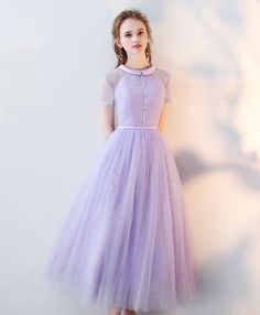 Short Sleeve Tulle Dress For Banquets, Tea Length Tulle Skirt Dress, Fitted Tulle Skirt Tea-length Dress, Fitted Tea Length Dress With Tulle Skirt, Purple Short Sleeve Wedding Dress, Fitted Tulle Dress With Short Sleeves, Purple Tulle Bridesmaid Dress, Short Sleeve Tulle Bridesmaid Dresses, Fitted Purple Dress With Tulle Skirt