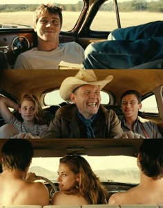 three men and two women sitting in the back of a car with one man wearing a cowboy hat