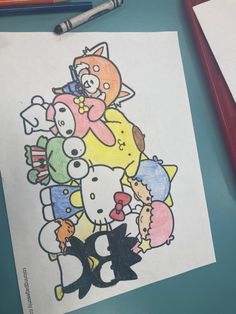 a drawing of hello kitty surrounded by other cartoon characters