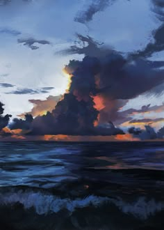 an oil painting of clouds over the ocean