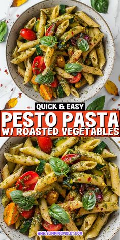 two bowls filled with pesto pasta and vegetables