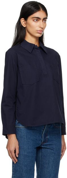 Cotton poplin shirt. · Spread collar · Concealed button placket · Patch pockets · Droptail hem · Button vent at side seams · Two-button barrel cuffs · Inverted pleat at back yoke Supplier color: Dark navy Navy Fitted Top With Placket, Navy Collared Top With Button Closure, Classic Navy Button-up Top, Chelsea Shirt, Navy Button-up Top With Placket, Navy Moisture-wicking Collared Top, Cotton Poplin Shirt, Poplin Shirt, Dark Navy