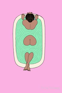 a woman laying in a bathtub with her back turned to the side, on a pink background