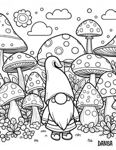 an adult coloring page with mushrooms in the background