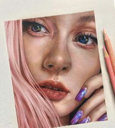 a drawing of a woman with pink hair and blue eyes