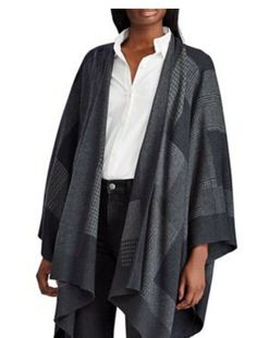 LAUREN by Ralph Lauren Cotton Blend Poncho Pashmina Condition: New With Tags Fabric: 60% cotton; 40% modal Size: Stamped size S-M Color: light and dark grey, plaid/checked pattern Perfect Gift Designer item Measurements: Hemline spread open - full width - 49 inches; Full length - 52 inches; Neck opening to end of wing - 25 inches; Shoulder to hemline - when folded - 26.5 inches Womens Poncho, Ralph Lauren Plaid, Poncho Shawl, Ralph Lauren Leather, Grey Plaid, Poncho Cape, Ralph Lauren Sweaters, Poncho Sweater, Shawl Wrap