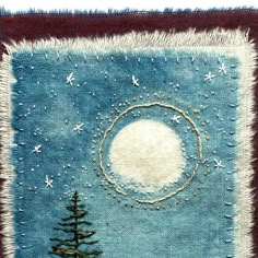 an image of a night sky with stars and moon in the middle, surrounded by pine trees