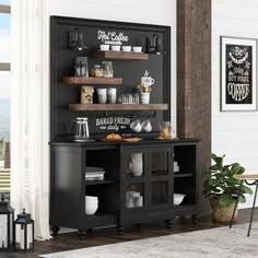 a black cabinet with shelves filled with coffee cups and other items on top of it