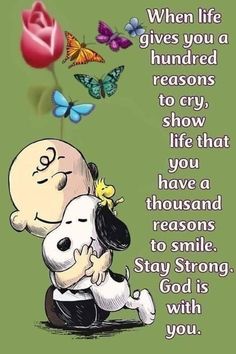 a cartoon character hugging a dog with butterflies flying above it and the caption says, when