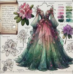 Nature Gowns Beautiful Dresses, Nature Inspired Outfits Drawing, Dnd Dress Design, Fantasy Dresses Drawing, Whimsical Dress Formal, Fantasy Dress Design Art, Fantasy Ball Outfits, Nature Themed Dress, Fantasy Ball Dress